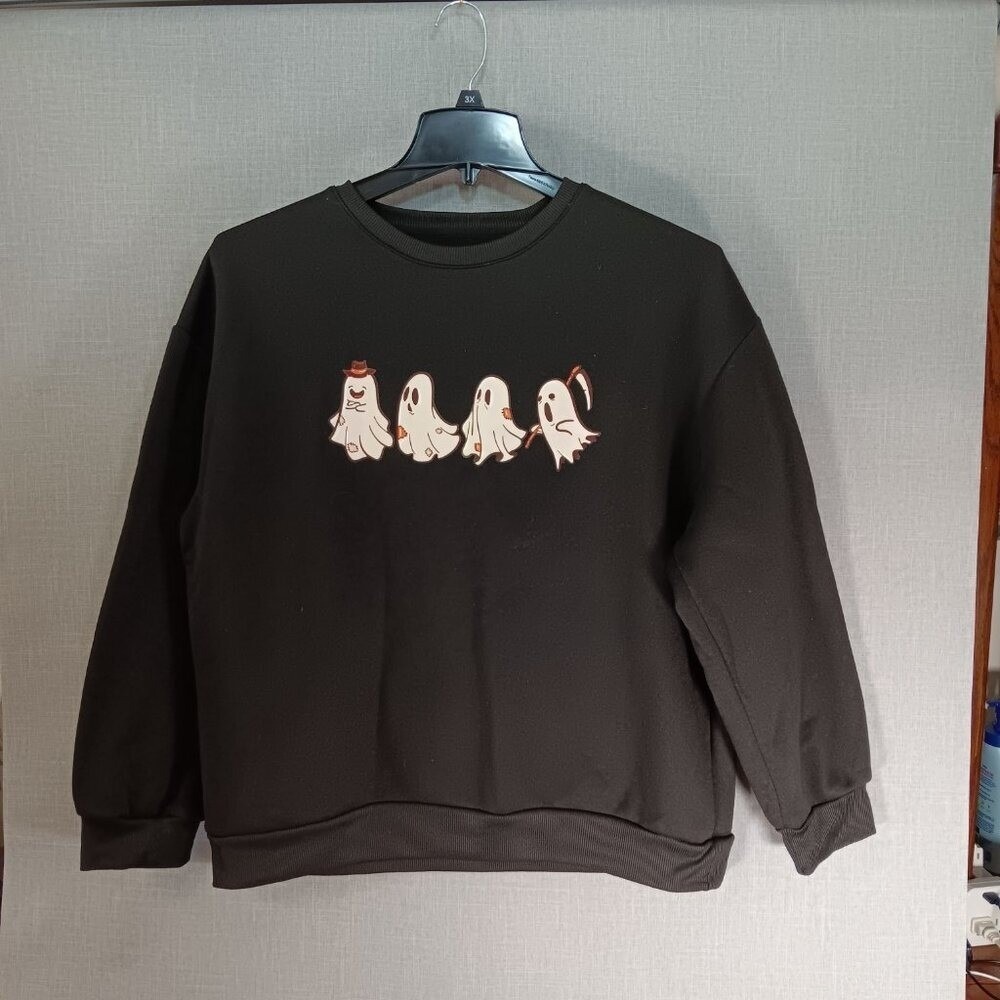 SHEIN Halloween Ghost Sweatshirt XL Black Gothic Spooky Graphic Crewneck Fleece - Picture 2 of 4